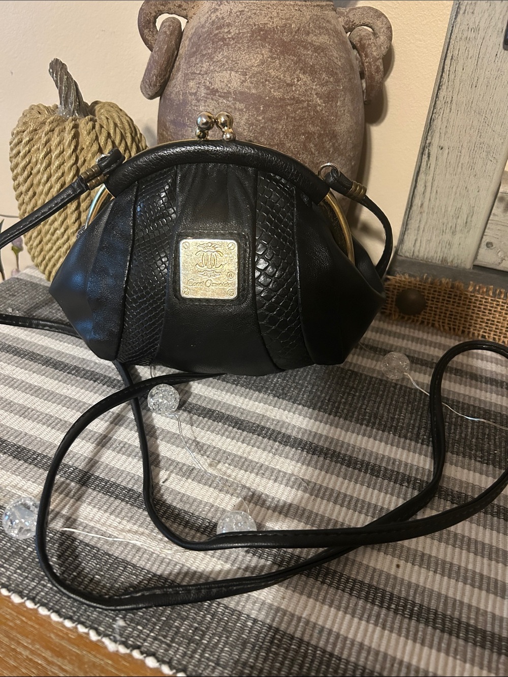 Black Crossbody Kiss-Lock Bag with Gold Logo Plaque